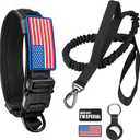Tactical Dog Collar and Bungee Leash,Military Dog Collar & Leash Set with USA American Flag Adjustable K9 Collar with Heavy Duty Metal Buckle & Handle,with Patches and Airtags Case (L, Black)