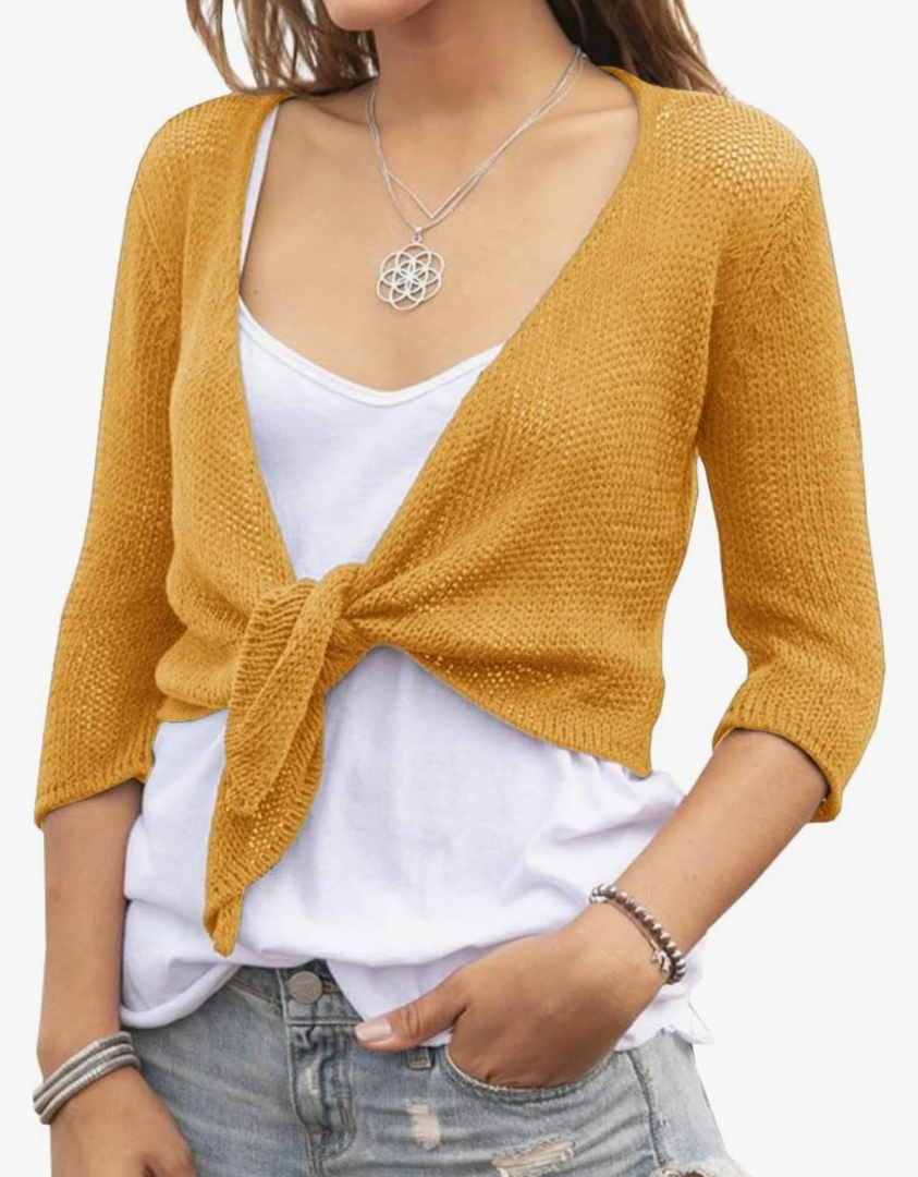 YeMgSiP Women's Tie Front Shrug 3/4 Sleeve Bolero Sheer Knotted Lightweight Cardigan Sweaters Short Shawl Tops, S