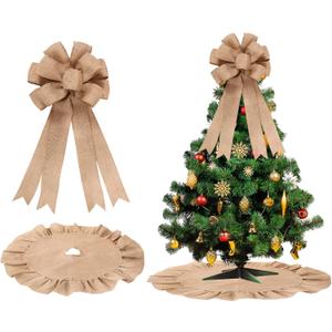 Civaner 2 Pcs Burlap Christmas Tree Topper with 39.4 Inch Ruffle Christmas Tree Skirt and 34 Inch Large Vintage Ribbon Bow Rustic Xmas Tree Ornaments for Wreath Party Holiday Farmhouse Home Decor