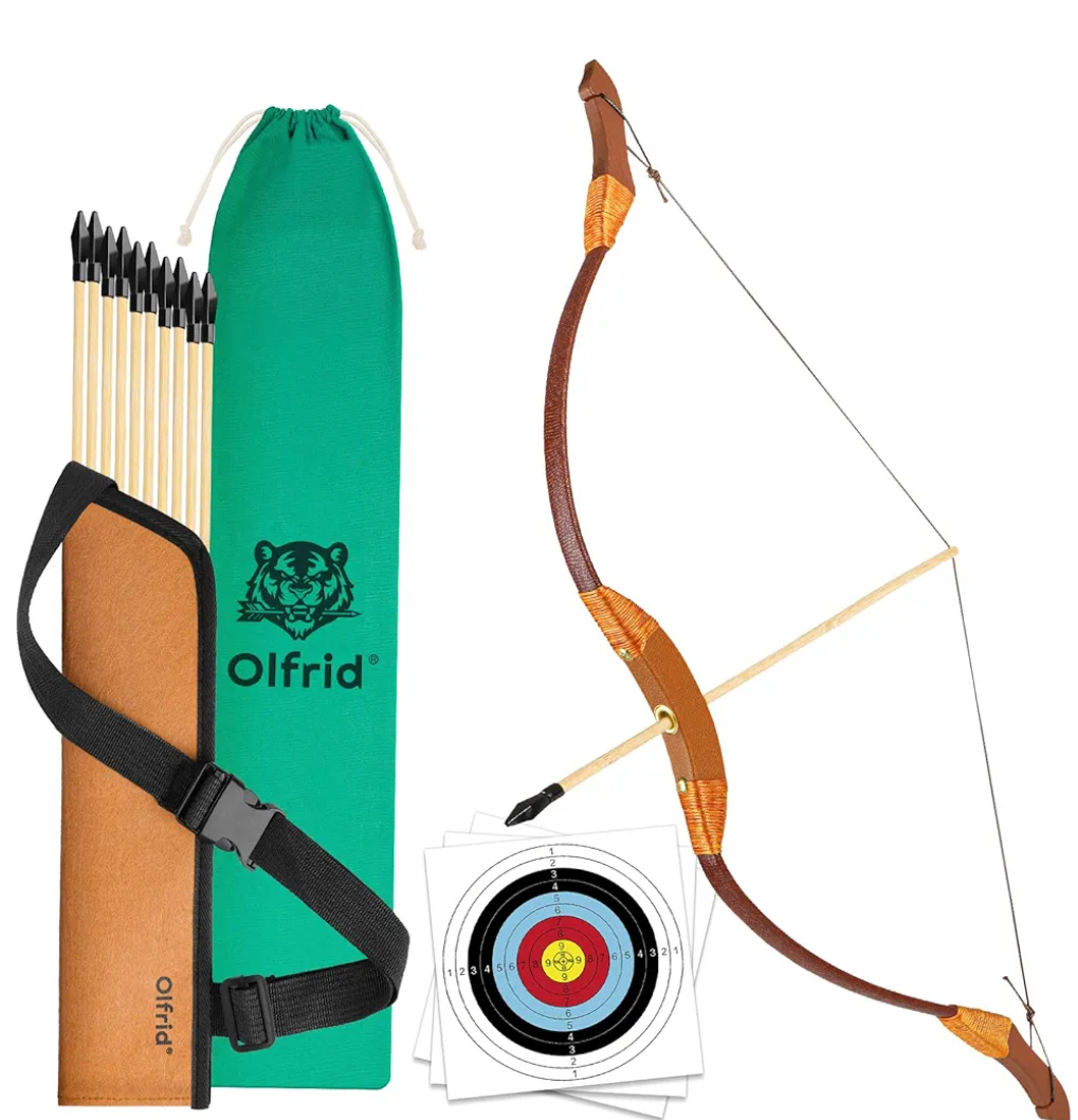Olfrid Wooden Bow and Arrow for Kids Archery Games, Kids Bow and Arrow Set with 10 Arrows, 3 Targets, Quiver & Storage Bag, Kids Archery Set Toy for Left Or Right Handers Sports & Outdoor Play