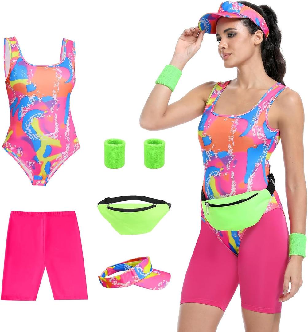 80s Womens Workout Costume,Adult 80s Outfit, Swimwear Suit for Halloween Cosplay, Couples Costume Set (Medium, Pink)