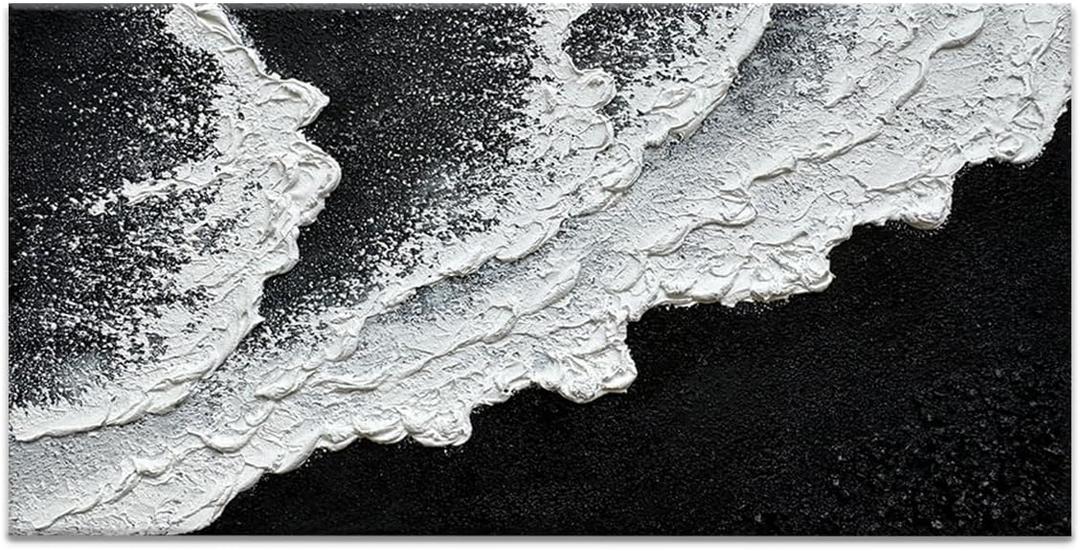 Black and White Beach Wave Textured Wall Art 3D Oil Painting Hand Painted Abstract Canvas Framed 40x20 Inch Acrylic Painting (C0701)