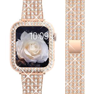 Compatible for Apple Watch Band 42mm Series 3/2/1, Diamond Rhinestone Case + Women Bling Band Stainless Steel Metal Bracelet for iWatch (Rose Gold, 42mm)