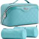 BOYATU Checkered Travel Makeup Bags: Vacation-Ready Light Blue Large Capacity Cosmetic Bag for Women - 3 Pcs Set Toiletry Organizer with Waterproof Leather - Easy to Clean Beach Trip Essential