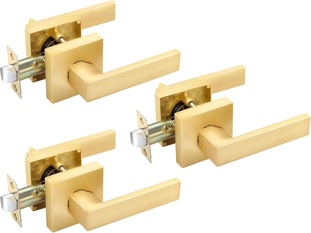 EHOMEWARE 3 Pack Passage Door Knob Set Interior Door Handles, Closet Door Levers in Satin Brass Finish, Hallway/Closet Door Lever Set Indoor Door Handle Set for Right/Left Handed Doors