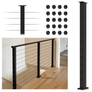 Cable Railing Post 36Inch, Level Drilled Railing Line Post with Flat Design Silicon Rings, Stainless Steel Horizontal Hole Deck Wire Railing Post, Black Finish Flat Top Cable Handrail Post