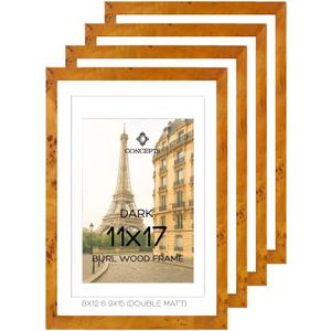 Concepts Set of 4 11x17 Burl Wood Picture Frames with Double Matted (8X12/9X15), Dark Wood Finish, Eco-Friendly Packaging  Elegant Wallhung Decor for Family Photos