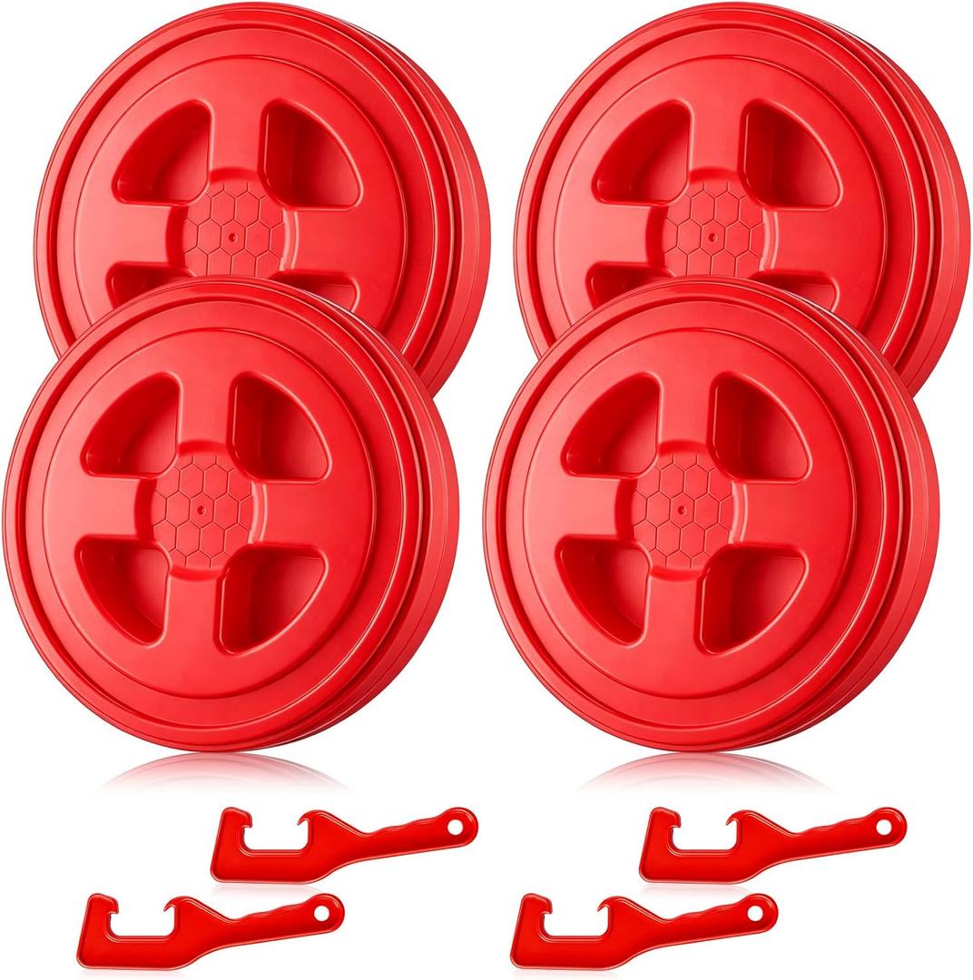 Novabright 4 Pcs 5 Gallon Bucket Lids with 4 Lid Openers 12 Inch Leak-proof Food Plastic Screw Top Seal Lids for Pet Food Storage, Chicken Feed Containers, and Paint Storage(Red)