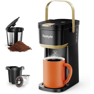 Single Serve One Cup Coffee Maker, for K Cups and Grounds, Mini Coffee Maker with Portable Handle, 6 to 12 Oz Brew Size, for Travel, Camping, Office, RV and Dorm, Black and Gold