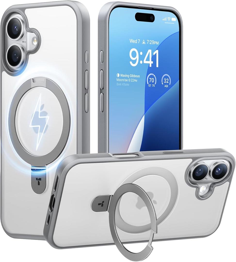 TORRAS Magnetic for iPhone 16 Case with Stand, Built-in Stand Compatible with MagSafe, 3X Military-Grade Protection, Translucent Slim Phone Case for iPhone 16 6.1'', Matte Gray (iPhone 16 6.1 inch, Gray)