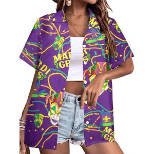 ALLTB Mardi Gras Outfit for Women Hawaii Shirts Carnival Themed Mask Tee Party Holiday T-Shirt Short Sleeve Button Down Top (Small)
