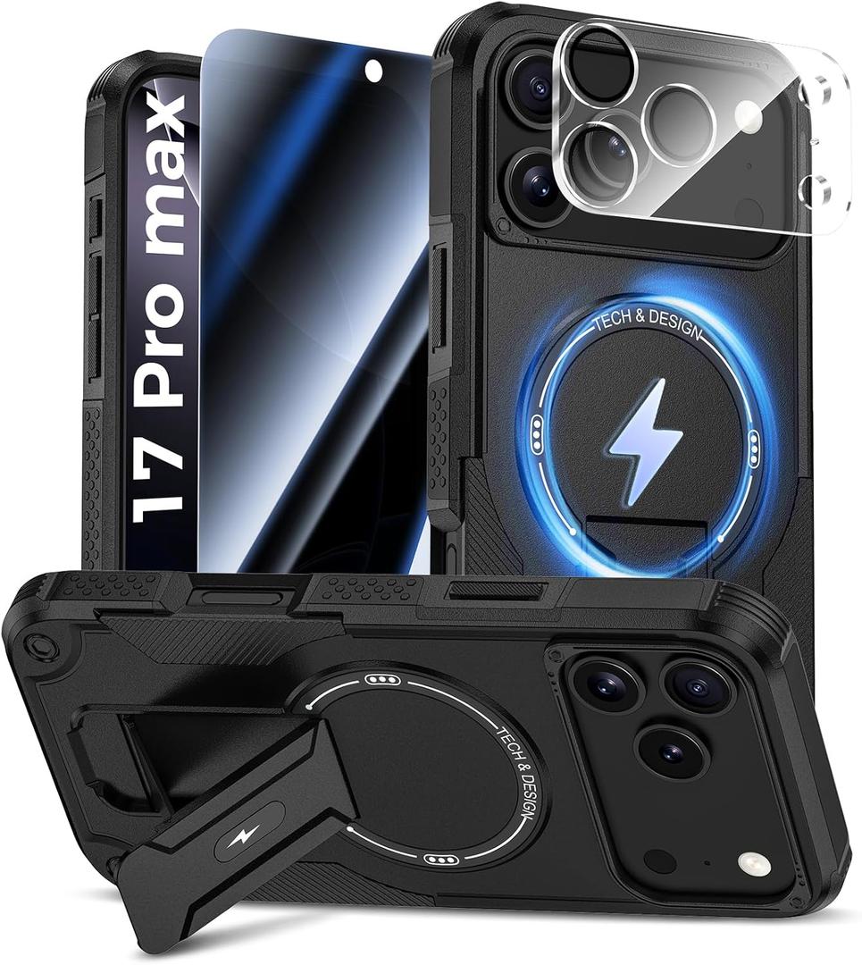 Goton for iPhone 17 Pro Max Case with Privacy Tempered Glass Screen Protector & Camera Lens Protector, Compatible with MagSafe, Invisible Kickstand, Shockproof Phone Cover, Black
