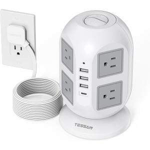 TESSAN Tower Surge Protector Power Strip 10 ft, Long Flat Extension Cord with Multiple Outlets, 8 AC Outlets with 4 USB Ports (1 USB C), Charging Station with Surge Protection, for Home Office Dorm