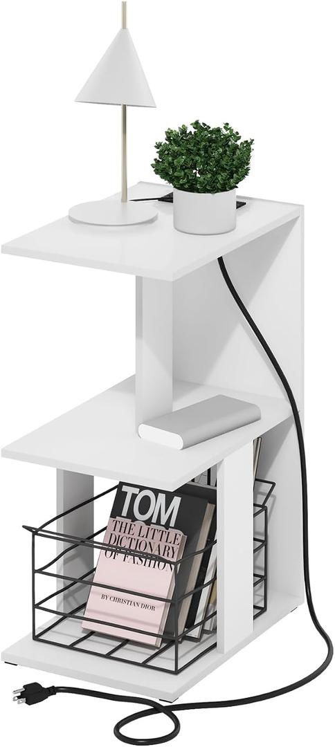 Furinno BOYATE Side Table, 2-Tier End Table with Charging Station, Open Shelf Night Stand, Bedside Table with USB and Type-C Port, for Living Room, Bedroom, White