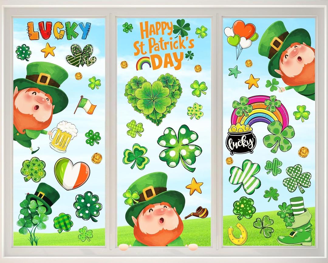 3 x St. Patrick's Day Window Clings Decorations for Glass Cute St. Patrick's Day Window Stickers Decal Large Good Luck Shamrock Stickers Spring Door Wall Window Decor