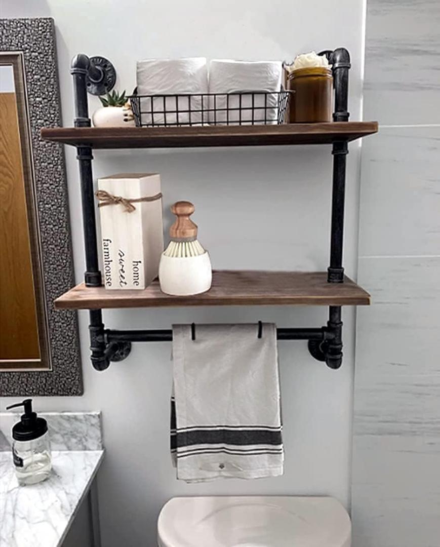DR.IRON Industrial Bathroom Shelf Rustic Pipe Wall Shelves with Towel Bar,24" Towel Shelfs for Bathroom,Framhouse Floating Shelving Unit Storage (2-Tier Shelves)