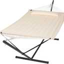 SUNCREAT Hammocks Extra Large Double Hammock with 12 ft Stand, 475lbs Capacity, Outdoor Portable Hammock with Hardwood Spreader Bar, Extra Large Pillow, Beige