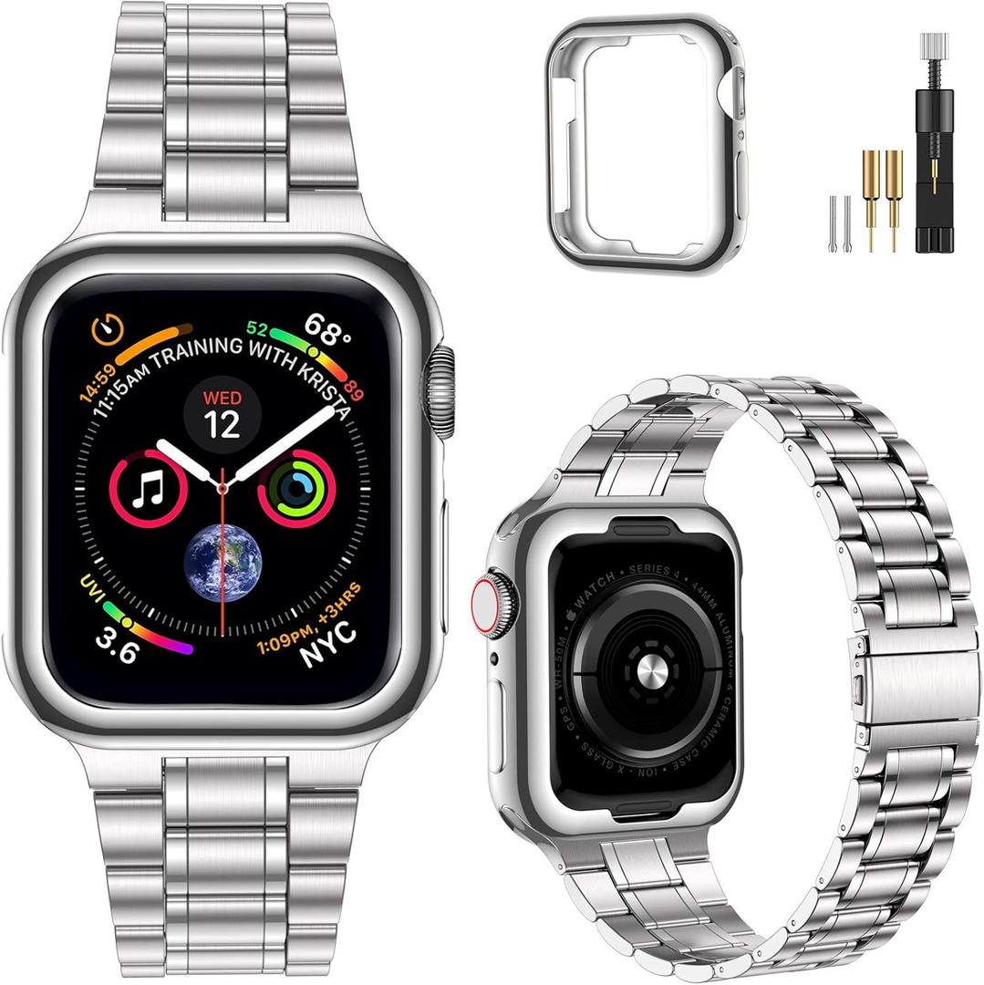MioHHR Solid Stainless Steel Bands Compatible with Apple Watch 38mm 40mm 41mm, Metal Strap with Soft TPU Case for iWatch Bands Series 9 8 7 6 5 4 3 2 1 SE SE2 SE3 Women and Men, Silver