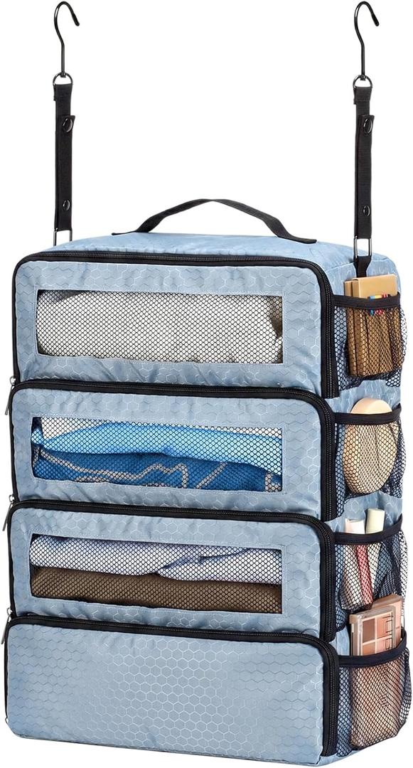 Back to School Hanging Suitcase Organizer Gray 4 Layer Dorm Room Clothes Storage Bag with Adjustable Hook Pack Hang Travel Organizer for College Dorms, Gray