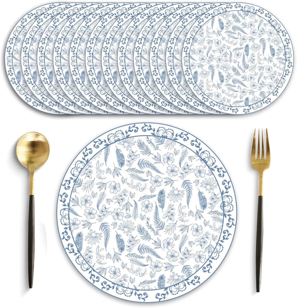 50 Pack Blue Floral Vintage Paper Placemats 13.7 Inch Disposable Blue and White Placemats Decorative Chinoiserie Round Table Mats for Wedding Baby Shower Anniversary Birthday Party Supplies