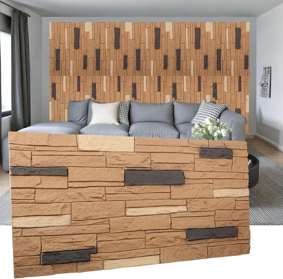 OUZUGIE 4 PCS Faux Stone Wall Panel 47.2 x 23.6 Interior Exterior Wall Decor 3D PU Panel with Brick Stone Design Light Brown