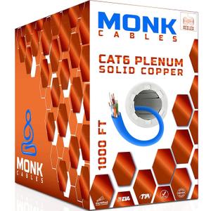 MONK CABLES | CAT 6 Ethernet Cable 1000ft | 100% Pure Bare Solid Copper Cat 6 Cable | 23AWG UTP CMP Rated Plenum | 550MHz, 10Gbps & PoE++ LAN | DSX-8000 Tested | Cat6 Bulk Ethernet Cable | Blue