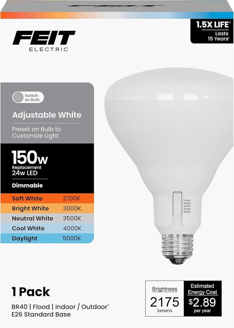 Feit Electric BR40 LED Light Bulb, 150W Equivalent, Dimmable, 5CCT, E26 Medium Base, 90 CRI, 2175 Lumens, Adjustable White, 15.5 Years Lifetime, BR40150DM5CCTCA15K