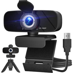 RUWBY Full HD 1080P Webcam with Microphone and Rotatable Tripod, Light Correction, Wide Angle and Plug and Play Video Camera for Desktop PC or Laptop