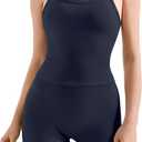 SUUKSESS Women 2 Piece Workout Sets High Waisted Tummy Control Biker Shorts Halter Padded Tank Tops (X-Small, Deep Navy Blue)