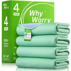 WhyWorry Washable Bed Pads for Adult Incontinence, 34" x 36" (Pack of 4) Washable Pee Pads for Bed Wetting, Heavy Absorbency Reusable Underpads for Elderly & Kids, Waterproof Mattress Protector, Green