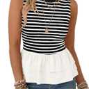 Tankaneo Womens Summer Striped Peplum Tank Tops White (Black, L)