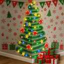 Suncalla Wall Christmas Tree with String Lights 33 ft Christmas Wreath Ornaments with Poinsettia Flower Star Sticker and Light String for DIY Corner Xmas Tree, Indoor Holiday Decor Wall Corner