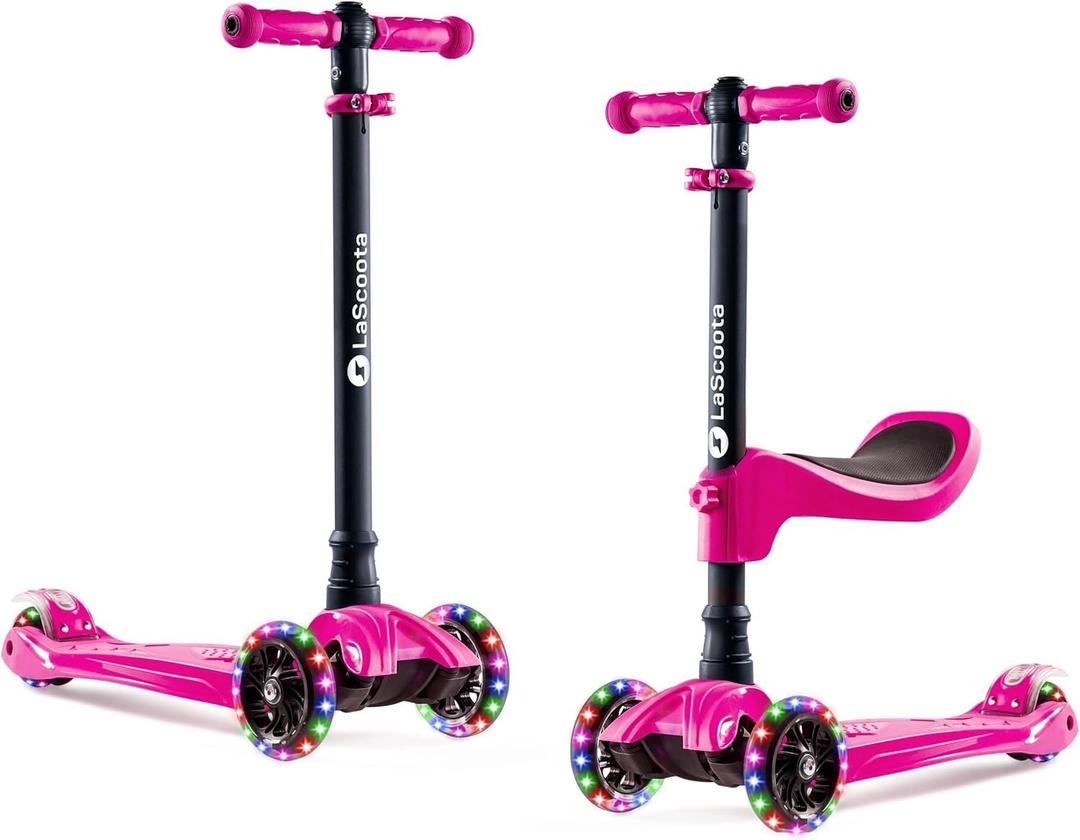 Lascoota 2-in-1 Kids Scooter with Seat - Adjustable Handlebar & 4 Heights Mini Scooter for Kids - LED Light-Up Wheels & Lean-to-Steer - Pink, 21.7 in L x 4.7 in W x 34 in H