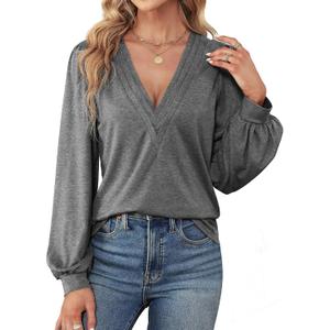 Agnes Urban Womens V Neck Long Sleeve Tops Dressy Casual Fall Shirts Puff Sleeve Loose Tunic Trendy Tops Blouses (Gray, L)