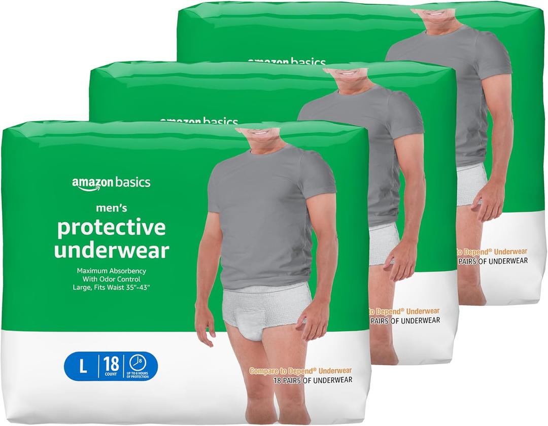 Amazon Basics Incontinence Underwear for Men, Maximum Absorbency, Large, 54 Count (3 Packs of 18)