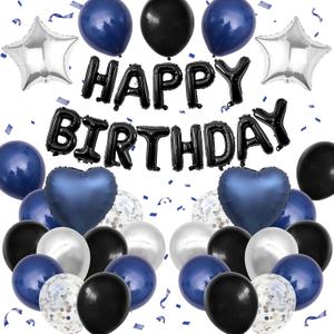Navy Blue and Black Birthday Decorations for Men, Blue Black White Balloons Happy Birthdays Balloon Banner Silver Confetti Balloons for Men Boy Girls Women Adults Birthday Party Decorations