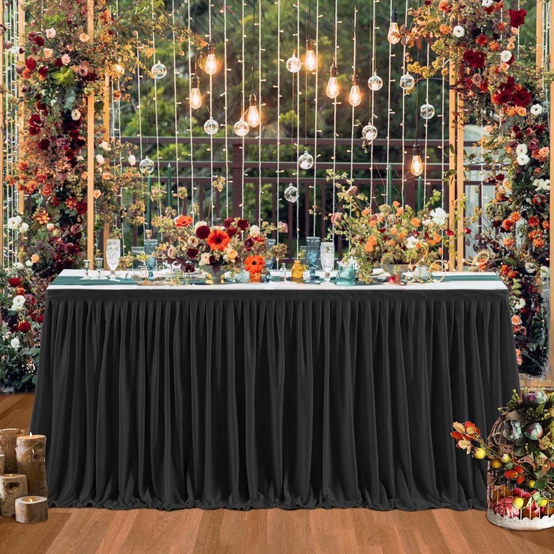 12ft Black Table Skirts for Rectangle Tables Polyester Table Skirt Desk Skirts Ruffle Tablecloth Skirt for Birthday Party Banquet Black Theme Party Wedding Bridal Shower Table Decorations (144" x 30" (12FT))