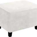Ottoman Cover, Stretch Rectangle Velvet Ottoman Slipcovers of Foot Stool for Living Room, Folding Storage Furniture Protector with Elastic Bottom, Machine Washable(Tooth White, L)