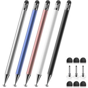 Bopomofo Stylus (5 Pcs), 2-in-1 Stylus Pen for Touch Screen, High Precision and Sensitivity, Suitable for iPhone/ipad/Android Tablets, Compatible with Touch Screens (Black/White/Blue/Rose Gold/Silver)