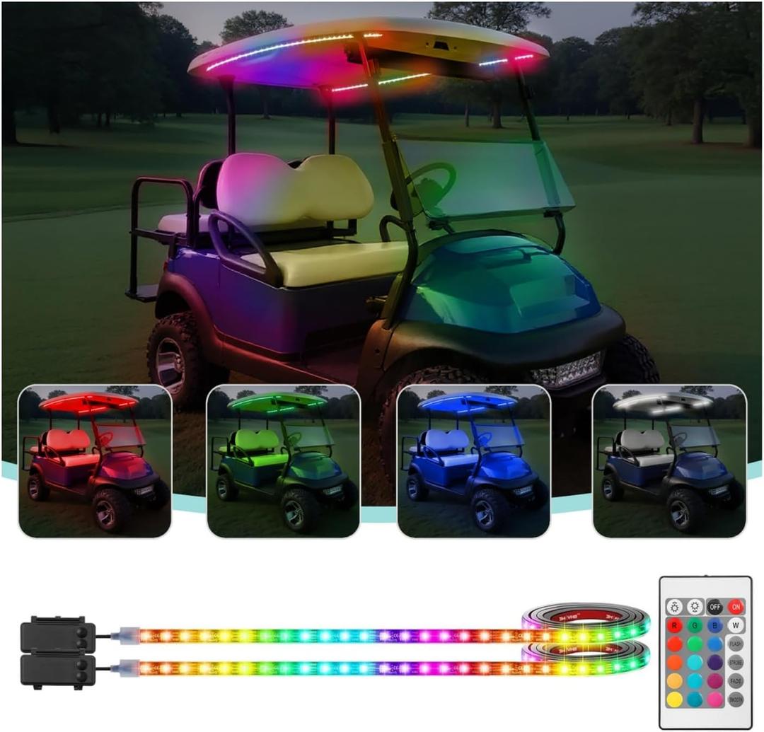 Battery Powered Golf Cart Canopy Lights, 2 Pcs 47.25 Inches Multicolor Golf Cart Roof Light with Remote, IP68 Fully Waterproof Golf Carts Underglow Led Strip Lights for EZGO Yamaha Club Car Boat