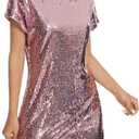 FEMI SEMI Women's Crewneck Sequin Shift Dress Short Sleeve Casual Holiday Sparkly Party Dress (Pink, L)
