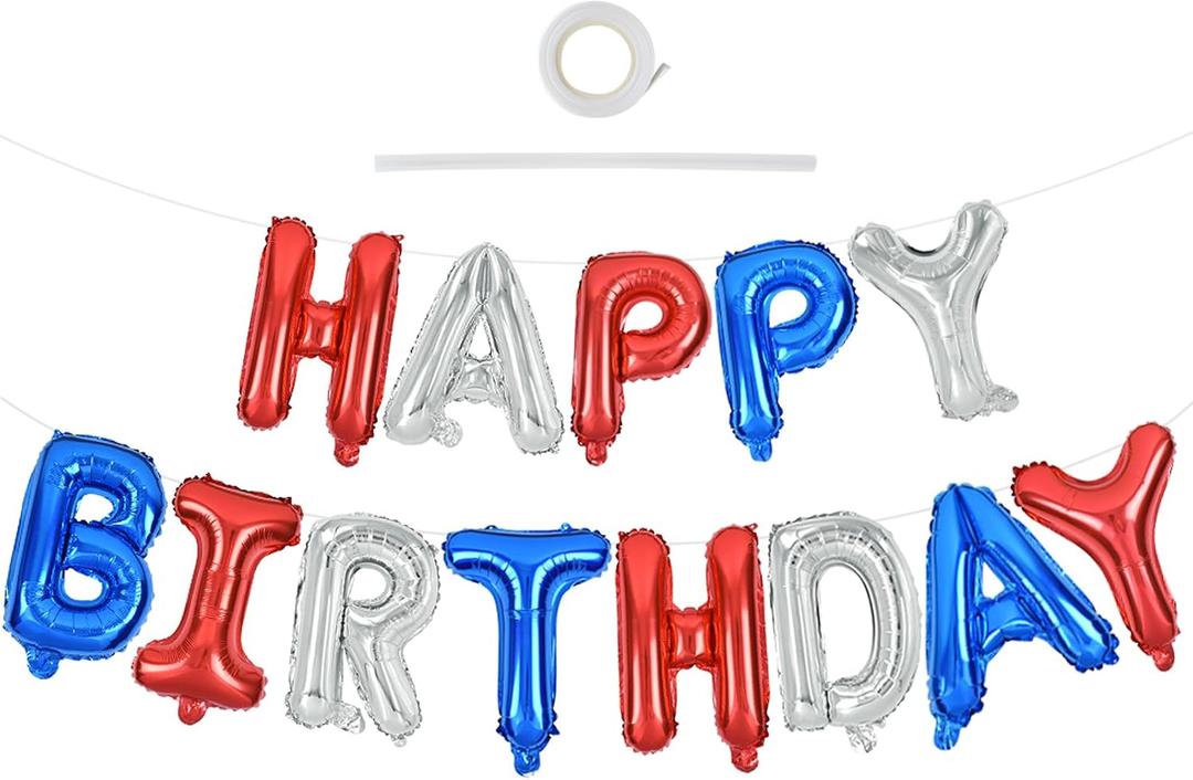 TONIFUL Happy Birthday Balloons Banner 16 Inch Mylar Letters Birthday Sign Banner Balloon Bunting Reusable for Patriotic Party Supplies Independence Day Labor Day Birthday Party (Blue Silver Red）