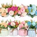 Artificial Flower Plants Mini Fake Hydrangea Flowers in Pot for Home Decor Party Wedding Office Patio Table Desk Decoration, Set of 4, Size: 3.3''(Diameter) x 5.5''(Tall)