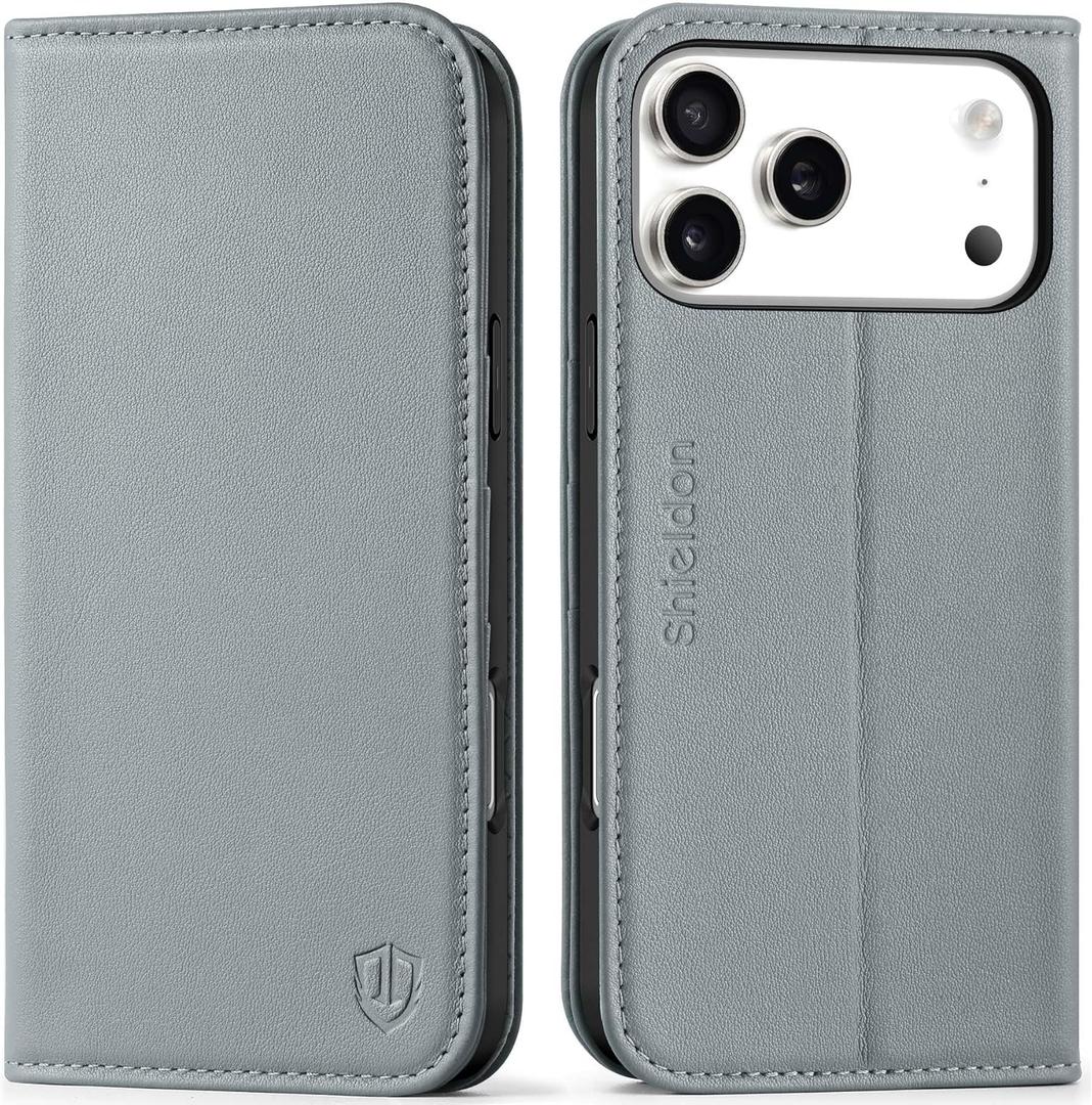 SHIELDON Real Leather Wallet Case for iPhone 17 Pro Max 6.9-inch 5G 2025 | Kickstand | RFID Blocking Card Holder | Magnetic Closure | Folio | Shockproof Protective Phone Cover | Gray