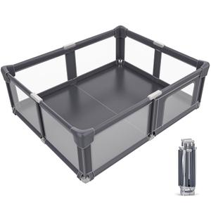 79"x79"x27" Baby Playpen with Safety Mat - Extra Large Playard for Toddlers, Foldable Portable Play Yard with 8 Handles & Storage Bag, ASTM Certified Anti-Fall Playpen for Indoor/Outdoor (Grey)