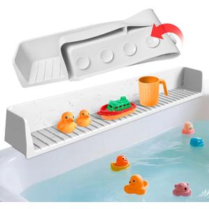 Splash Guard for Bathtub Kids, 2.6FT Extra Long Silicone Bath Splash Guard with 11 Strong Suction Cups, Bathtub Toy Holder & Play Shelf for Toddlers, Prevent Water Spills, Gray