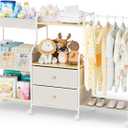 BBLIKE Diaper Caddy Organizer with Hanging Rack - 3 Tier Rolling Utility Cart with Drawers and Dividers for Baby Bottle Storage - Bedside Cart for Changing Station, Crib, Nursery, Bedroom, Beige