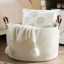 Luxury Little Extra Large Nursery Storage Basket, 22 x 22 x 14 inches - 100% Cotton Rope Baskets with Handles, Laundry Basket for Toys, Blankets & Pillows - Off White with Leather Handles