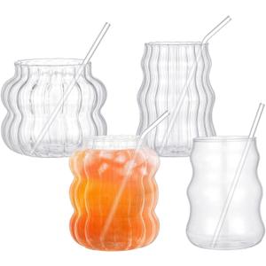 4 Pcs Creative Glassware Set Wave Shape Drinking Glasses with Glass Straw Aesthetic Cups Vintage Ribbed Glass Cups Cute Drinking Glasses for Tea Beer Water Cocktail Coffee Beverage Kitchen