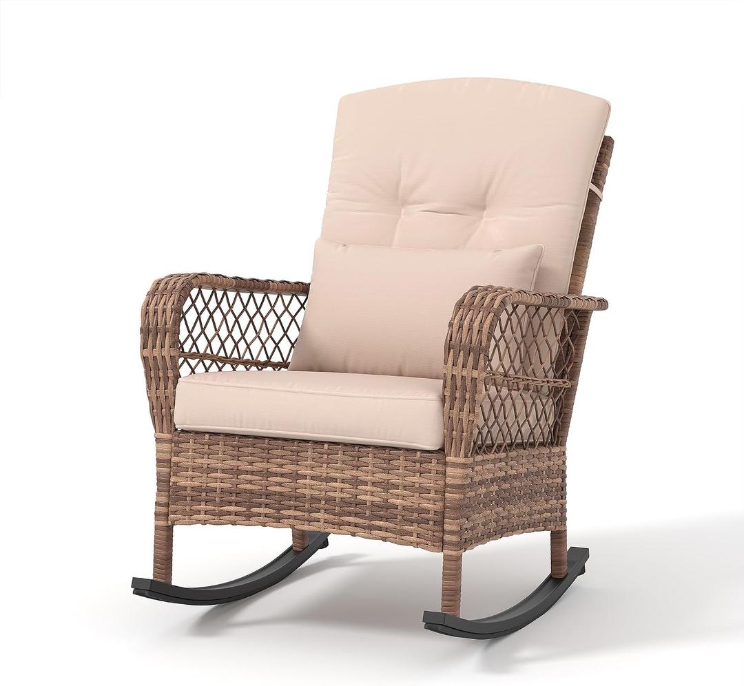 Outdoor Wicker Rocking Chair with Thick Cushions, Rattan Patio Chairs with Lumbar Pillow, Removable Washable Covers, All Weather Patio Furniture for Porch Balcony Garden, Beige